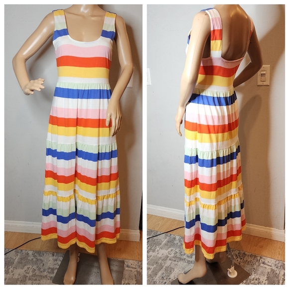 J. Crew Tiered knit maxi dress in rainbow wide stripe cotton size XS - Picture 3 of 12